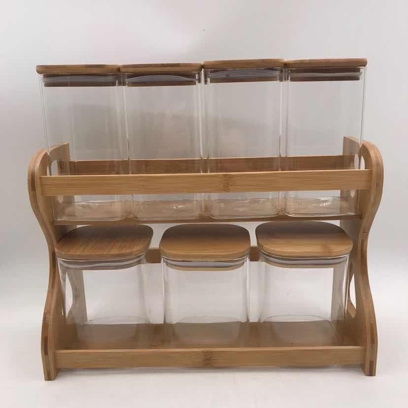 8-Piece Glass Storage Jar Set with Bamboo Lids on Two-Tier Bamboo Rack
