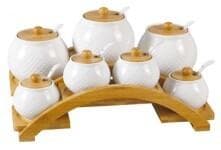 6-Piece Quilted Ceramic Spice Pot Set with Spoons on Arched Bamboo Stand