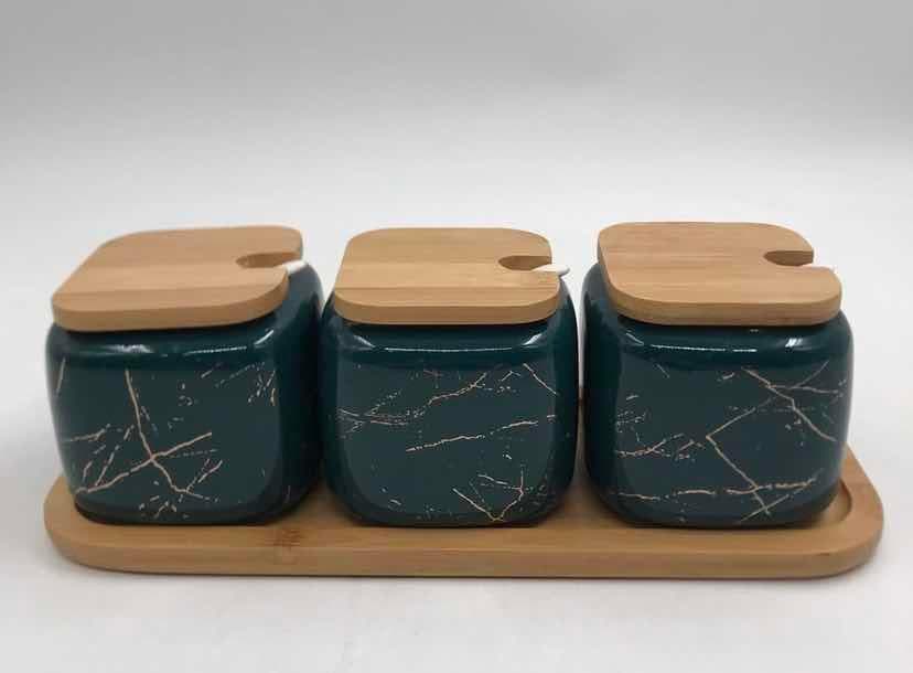 3-Piece Marble-Effect Ceramic Condiment Jar Set with Bamboo Lids on Bamboo Tray, Peacock Green