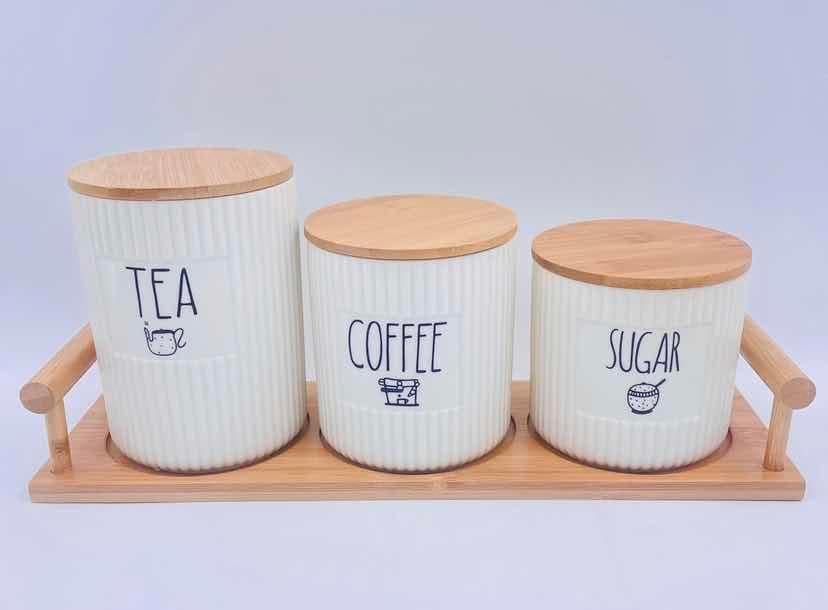 3-Piece Graduated Ribbed Ceramic Tea, Coffee and Sugar Canister Set on Bamboo Tray