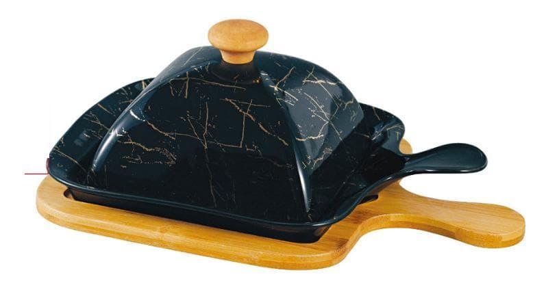 Black Marble-Effect Square Ceramic Butter Dome on Bamboo Paddle Board, Large
