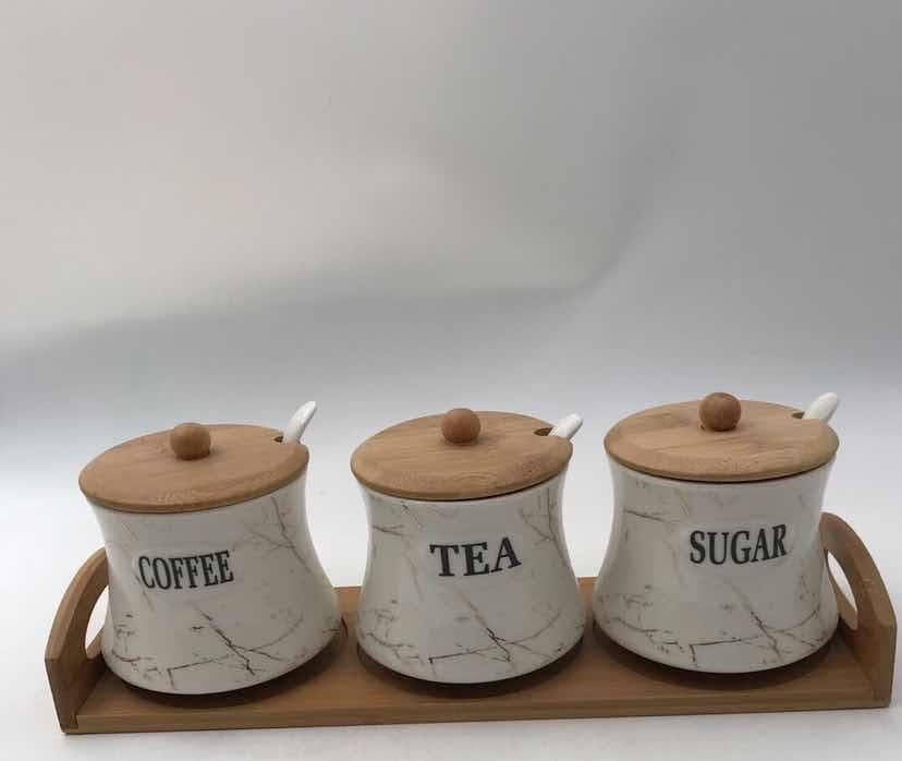3-Piece Marble-Effect Ceramic Condiment Jar Set with Spoons on Bamboo Tray