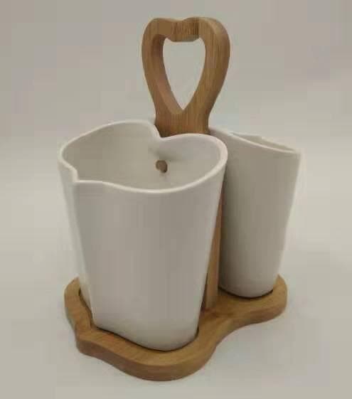 Ceramic Cutlery Holder and Jug Set on Heart-Handle Bamboo Tray