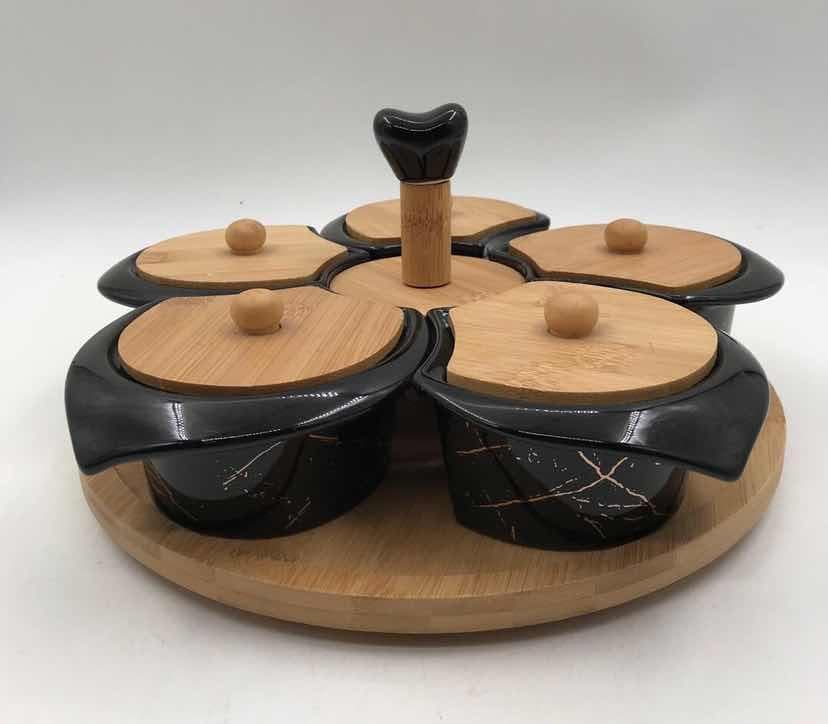 5-Piece Black Marble-Effect Lidded Ceramic Dish Set on Rotating Bamboo Base with Handle