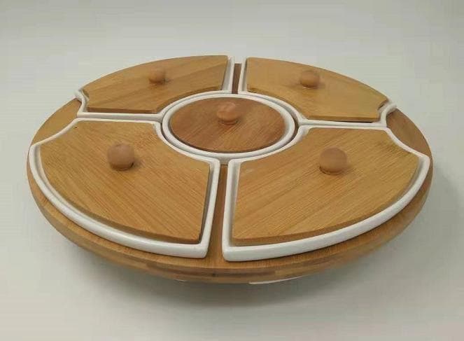 4-Section Ceramic Serving Set with Bamboo Lids on Round Bamboo Tray
