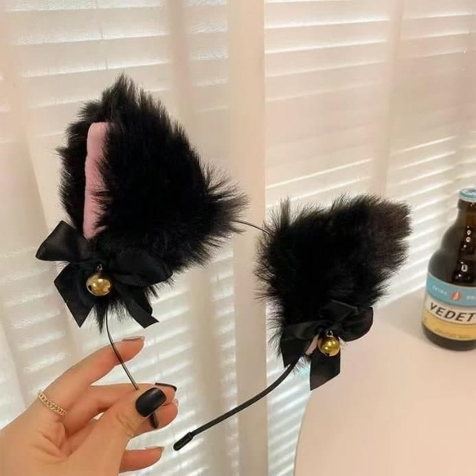 Cat Ear Headband with Bell and Bow, Black