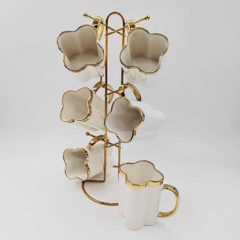 6-Piece Gold-Rimmed Clover-Shaped Ceramic Mug Set on Gold Metal Mug Tree, White