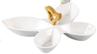 3-Section Ceramic Serving Dish with Bamboo Handle