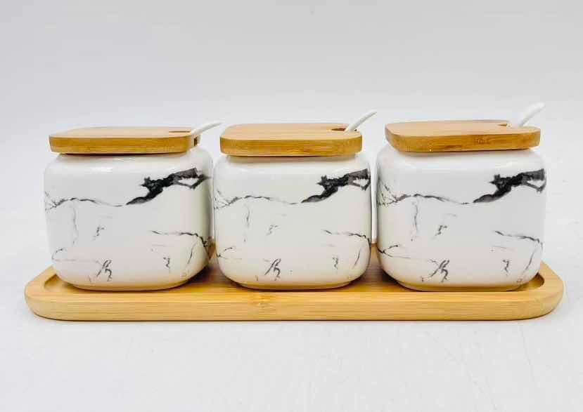 3-Piece Marble-Effect Ceramic Canister Set with Bamboo Lids on Bamboo Tray, White