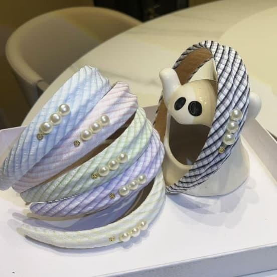 Padded Pearl Headband, Pastel Check