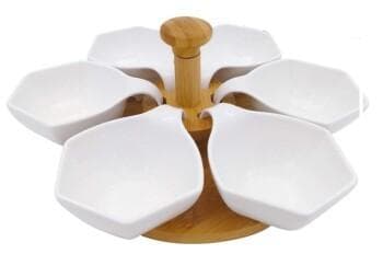 6-Piece Hexagonal Ceramic Serving Dish Set on Bamboo Base with Post