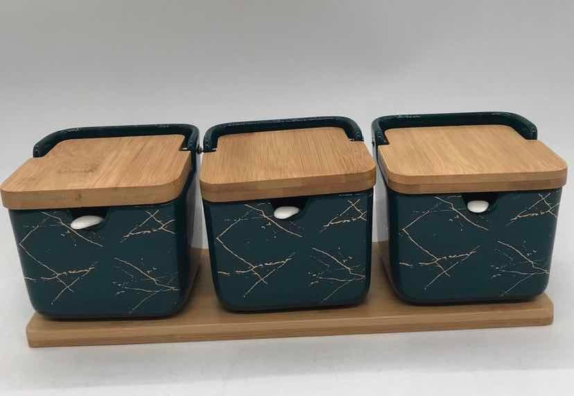 3-Piece Large Marble-Effect Ceramic Storage Jar Set with Bamboo Lids, Dark Green