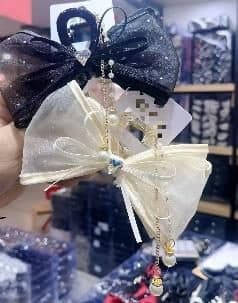 Organza Bow Claw Clip with Pearl Chain, Navy and Ivory