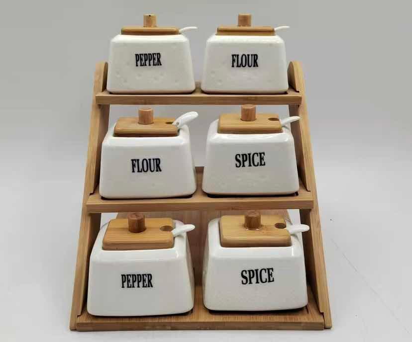6-Piece Labelled Ceramic Spice Jar Set with Spoons on Three-Tier Bamboo Rack