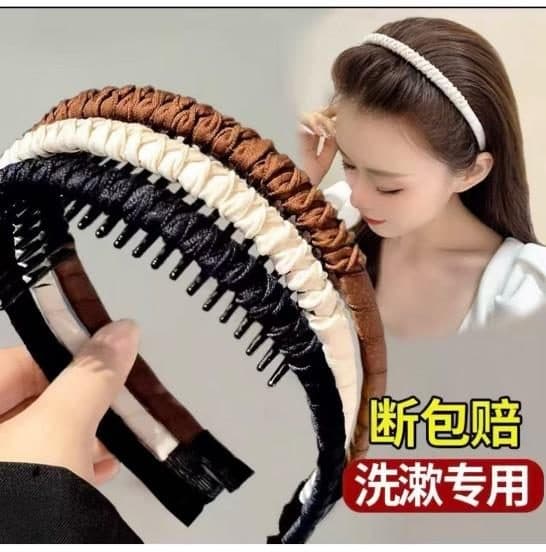 Braided Headband with Comb Teeth, Brown and Cream