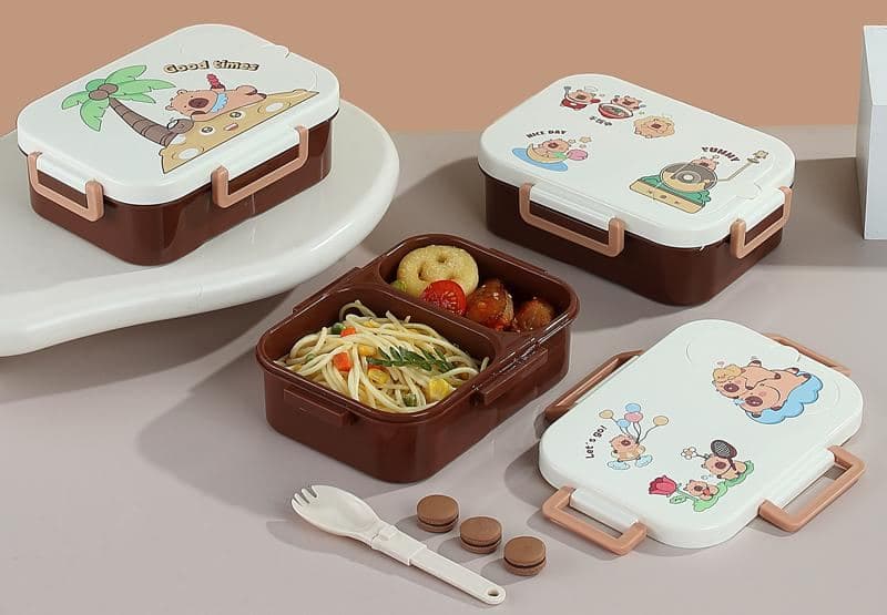 PP Plastic Lunch Box, 21 x 13 x 7.3 cm, with Spoon and Fork