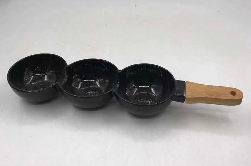 3-Section Black Marble-Effect Ceramic Dip Dish with Bamboo Handle
