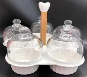 4-Piece Ceramic Dessert Dish Set with Glass Domes on Bamboo Stand, Large
