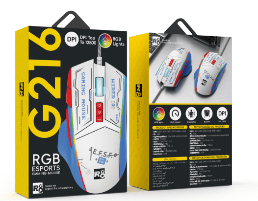 R8 G216 11D Wired Gaming Mouse RGB Lighting, 800-1600-2400-3200-4800-12800 DPI 3
