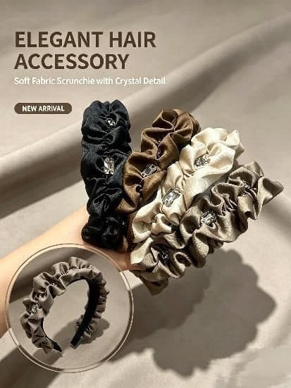 Satin Scrunchie Headband with Crystal, Taupe Trio