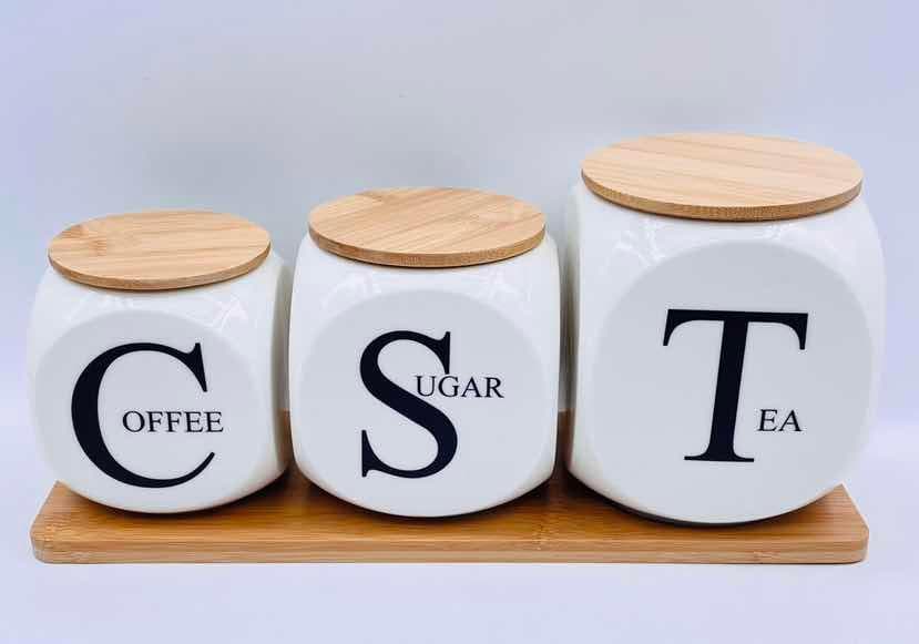 3-Piece Coffee, Sugar and Tea Ceramic Canister Set with Bamboo Lids
