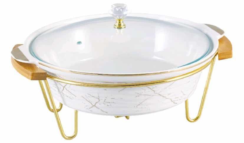 Marble-Effect Ceramic Chafing Dish with Glass Lid and Gold Stand, Medium