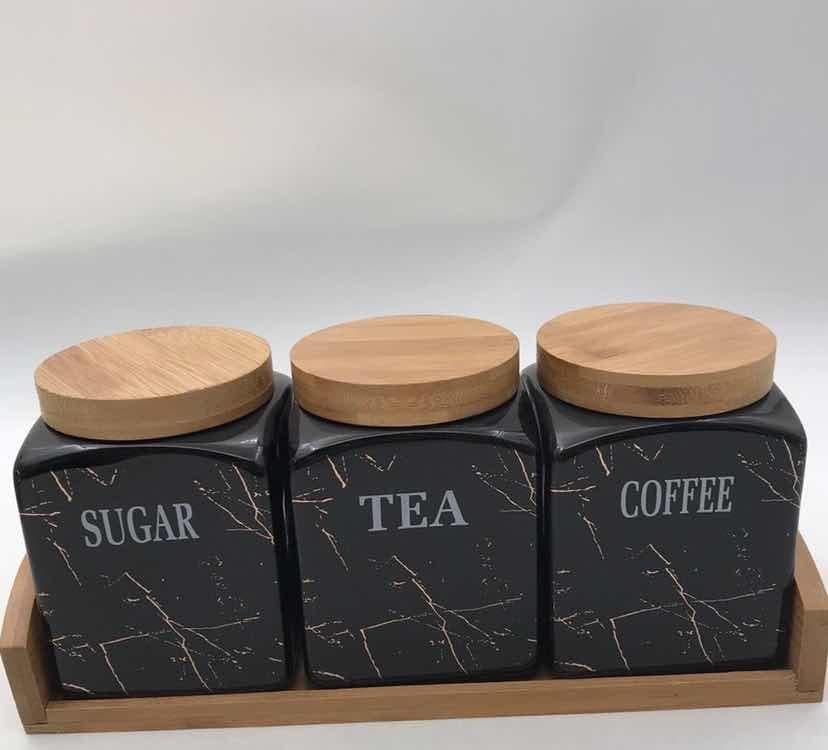 3-Piece Square Black Marble-Effect Ceramic Canister Set with Bamboo Lids on Bamboo Tray