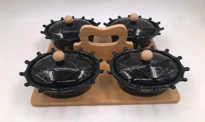 4-Piece Black Marble-Effect Lidded Oval Ceramic Dish Set on Bamboo Tray with Handle