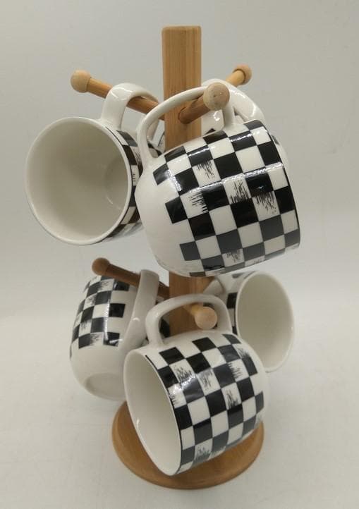 6-Piece Round Chequerboard Ceramic Mug Set on Bamboo Mug Tree