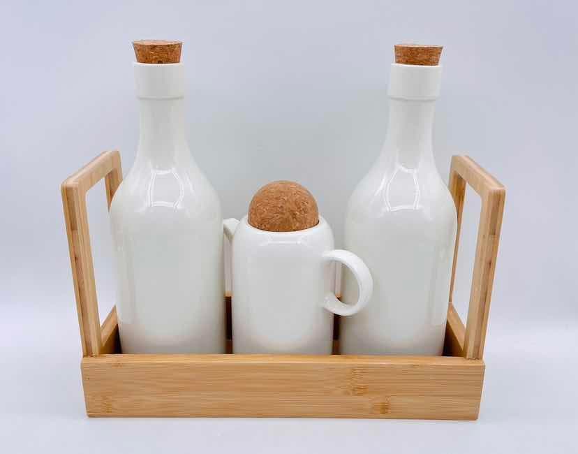 Ceramic Oil Bottle and Creamer Set with Cork Stoppers on Bamboo Rack