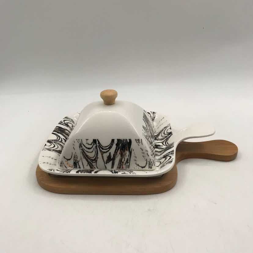 Ink-Swirl Square Ceramic Butter Dome on Bamboo Paddle Board, Small