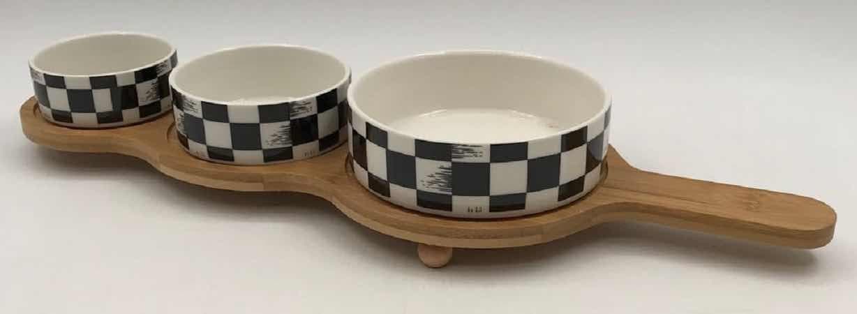 3-Piece Chequerboard Ceramic Dip Bowl Set on Bamboo Paddle Board
