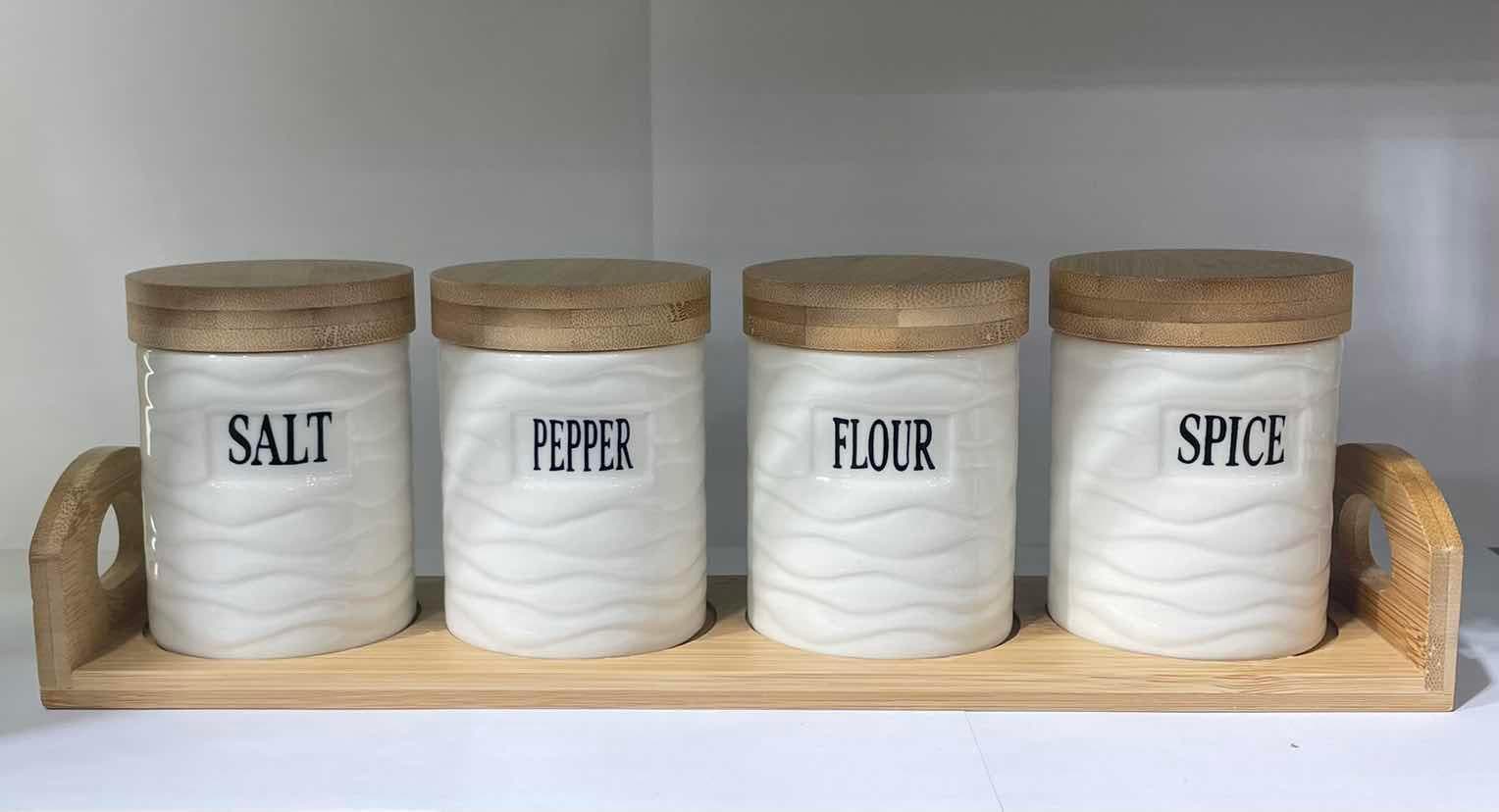 4-Piece Wave-Textured Ceramic Spice Jar Set with Bamboo Lids on Bamboo Tray