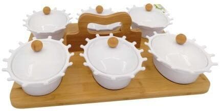 6-Piece Lidded Ceramic Bowl Set on Rectangular Bamboo Tray with Handle