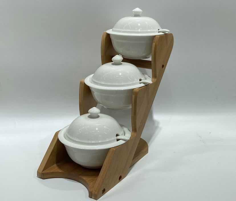 3-Tier Lidded Ceramic Spice Pot Set on Bamboo Stand