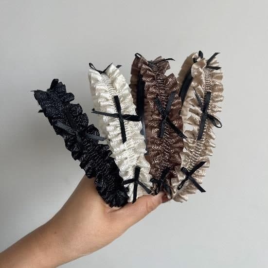 Ruffled Headband with Bow, Black, Cream and Brown