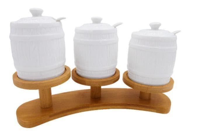 3-Piece Embossed Ceramic Lidded Jar Set on Curved Bamboo Stand