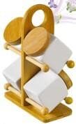 3-Tier Square Ceramic Spice Jar Set with Bamboo Lids on Ring-Handle Rack