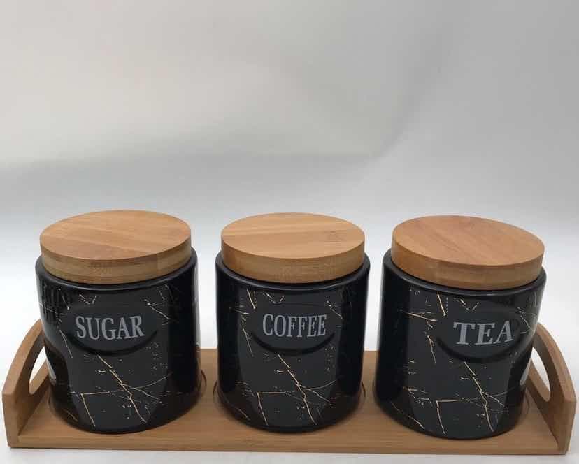 3-Piece Round Black Marble-Effect Ceramic Canister Set with Bamboo Lids on Bamboo Tray