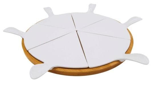 6-Slice Ceramic Serving Plate Set with Servers on Round Bamboo Base, White