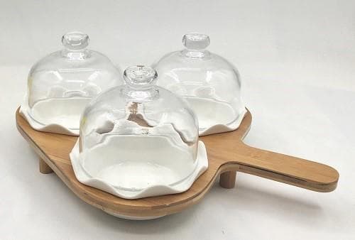 3-Piece Ceramic Dessert Dish Set with Glass Dome Covers on Bamboo Paddle Board