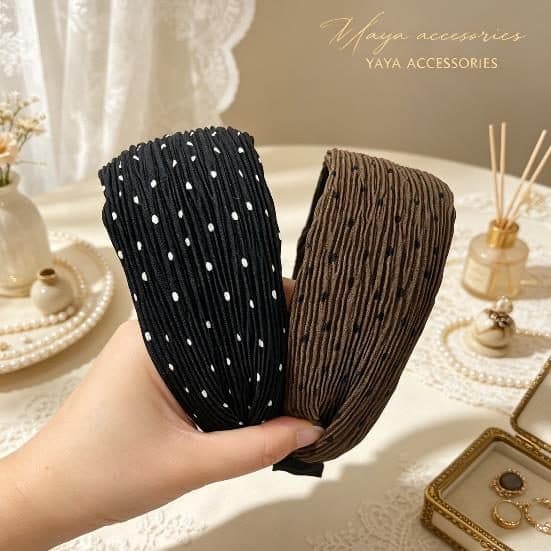 Pleated Headband, Black and Brown Polka Dot