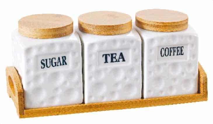 3-Piece Dimpled Square Ceramic Canister Set with Bamboo Lids on Bamboo Tray