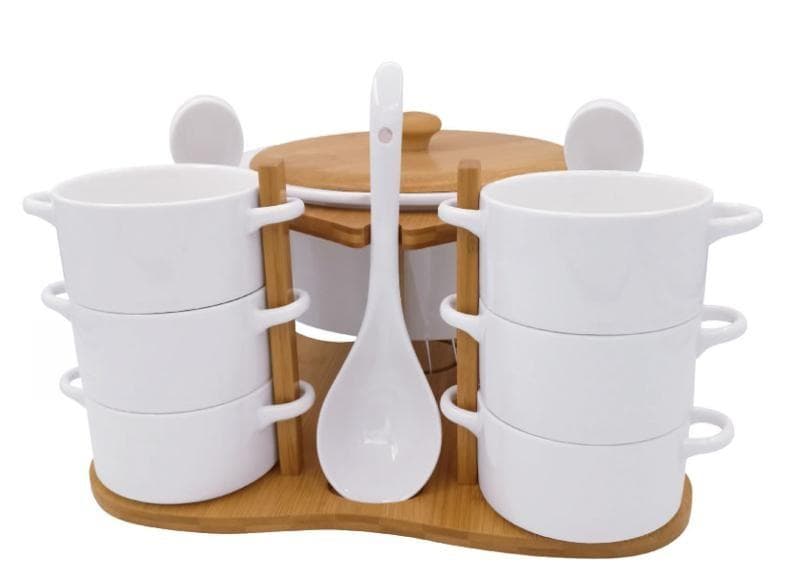 6-Piece Ceramic Soup Cup Set with Spoons on Bamboo Stand