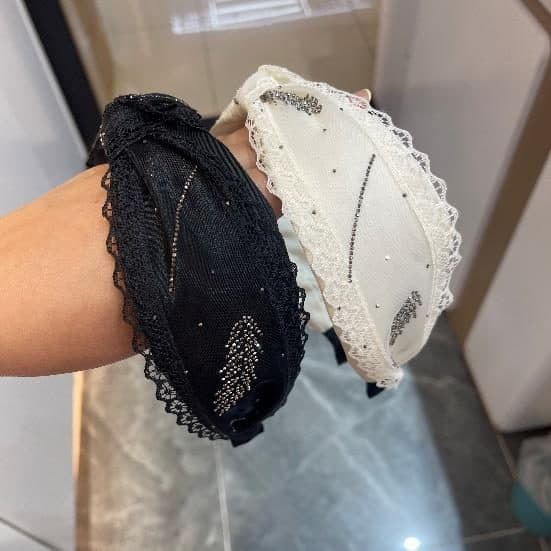 Lace Trim Headband with Rhinestones, Black and Cream