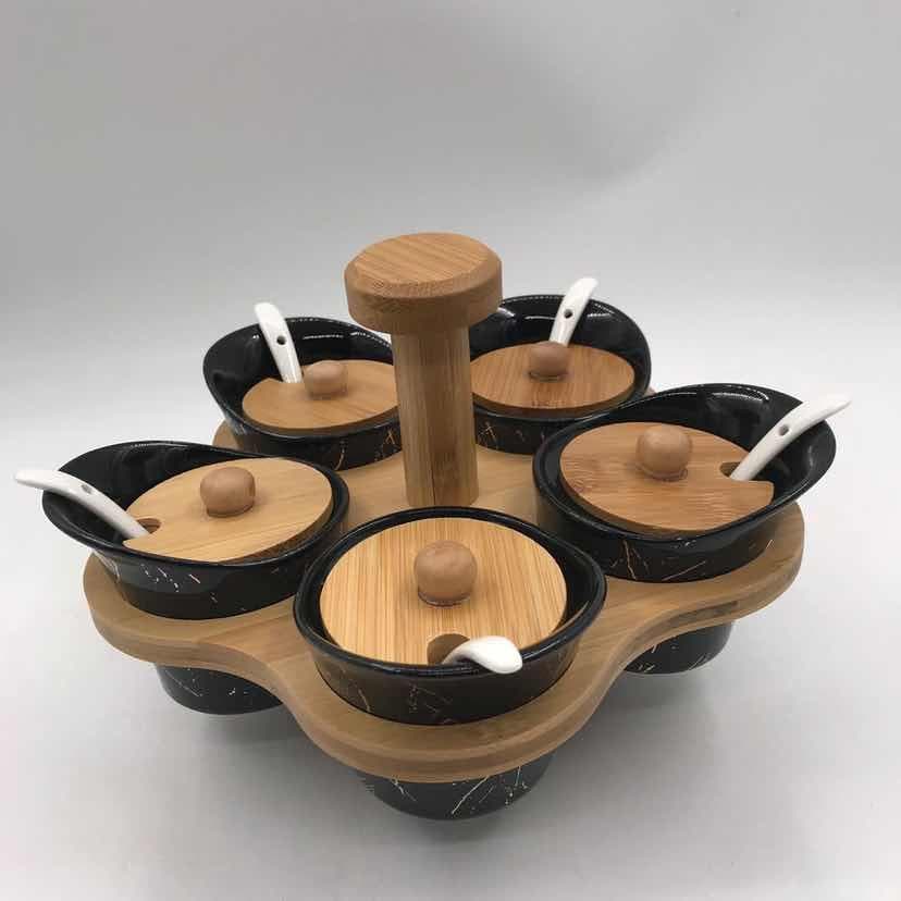5-Piece Black Marble-Effect Ceramic Condiment Jar Set with Spoons on Rotating Bamboo Base with Handle