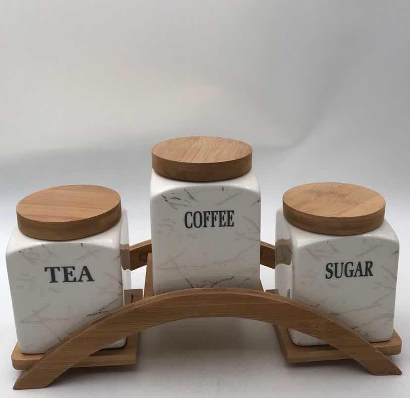 3-Piece Tall Marble-Effect Ceramic Canister Set with Bamboo Lids on Arched Bamboo Stand
