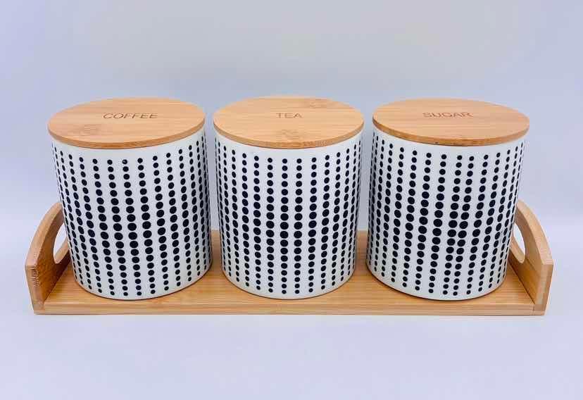 3-Piece Blue Dotted Stripe Ceramic Canister Set with Bamboo Lids on Bamboo Tray