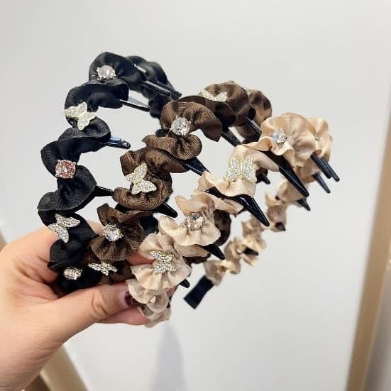 Flower Crystal Headband with Teeth, Brown and Cream Trio