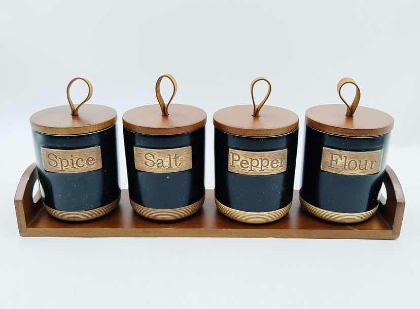 4-Piece Rustic Ceramic Spice Jar Set with Wooden Lids on Bamboo Tray, Black